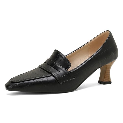 Alyaafifa Comfortable Kitten Heel Pumps for Women 2 Inches Low Heel Pointed Closed Toe Loafers Slip On Dress Shoes Synthetic Leather Party Event Office Working Prom