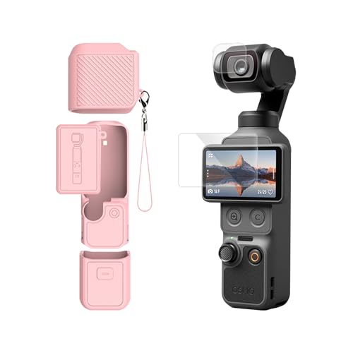 uconsmimo Soft Silicone Protective Case for DJI Osmo Pocket 4 with Tempered Glass Screen & Lens Protector Shockproof Shock Absorption Precise Cutouts Wrist Strap Included Pink