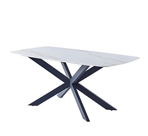 Casa Vital Esstisch KREST, Hochglanz weiß, Marmormuster, Sinterstein Tischplatte, abgerundete Ecken, pulverbeschichtet metallbeine, 120 kg max. Gewichtsbelastung (160 x 90 cm)