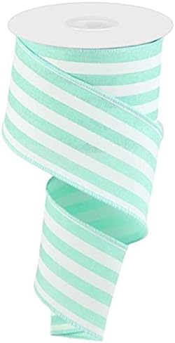 Cinta de borde con alambre de rayas verticales, 10 yardas (menta, blanco, 2.5 pulgadas)
