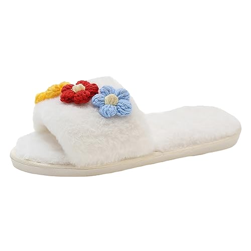 RTPR Pantuflas planas para exteriores/interiores para mujer, otoño e invierno, flores decoradas de felpa suave, pantuflas cálidas de algodón, moda casual fuera de los zapatos mujer bailarina con