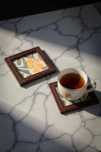 Image of Coaster | Wooden Square Shaped Frame | Stylish Ethnic Tabletop Design | Ideal for Home & Office | Perfect for Tea Cups, Coffee Mugs & Glasses (Frangipani, Set of 4)