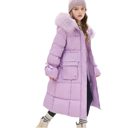 Abrigo de invierno para niñas, chaqueta larga acolchada, parka cálida, ropa de abrigo con bonito lazo acolchado y capucha de piel sintética, Morado (, 9-10 años