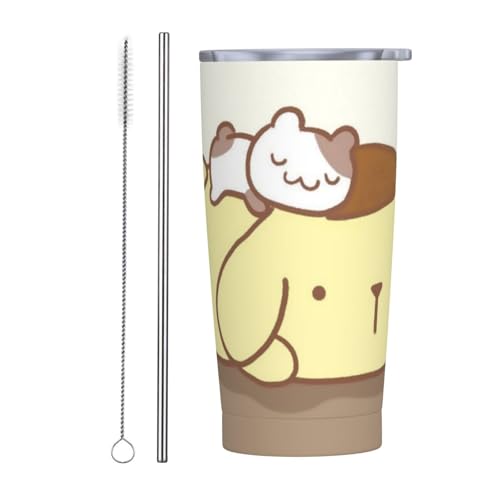ポムポムプリン アニメ ストロー&ストローブラシ付き マグカップ コーヒーカップ 600ml コンビニカップ タンブラー ステンレス製 保冷 保温 車用 蓋付き 持ち運び 水筒 大容量 直飲み キャラクター 人気 プレゼント