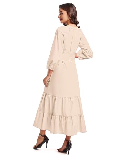 Image of YEXPINE Women's Ruffle Maxi Dress Puff Sleeve Flowy Tiered Long Dress with Belt