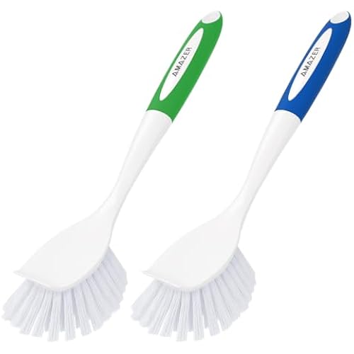Amazer Dish Brush with Handle, 2 Pack Kitchen Scrub Brushes for Cleaning, Dish Scrubber with Stiff Bristles for Sink, Pots, Pans