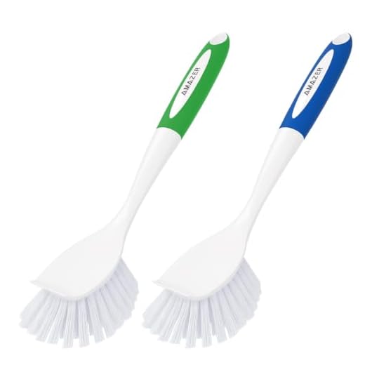 Amazer Dish Brush with Handle, 2 Pack Kitchen Scrub Brushes for Cleaning, Dish Scrubber with Stiff Bristles for Sink, Pots, Pans
