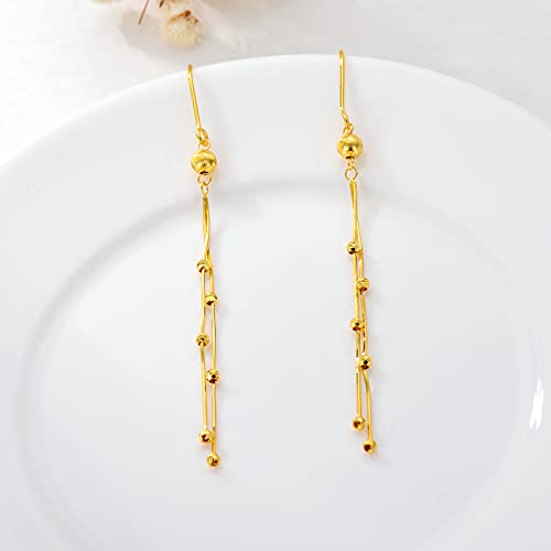 Muuyon 18K Gold Thread Drop Earrings, 18K Solid Yellow Gold Beaded Tassel Earrings With Fish Hooks, For Women Girls Ladies Sisters #TOP1