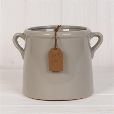Ceramic Grey Plant Pot/Vase Planter Flowers Herbs Utensils Holder with Tag and Ears Indoor Home Decorative Gift (Grey Pot 15 cm)