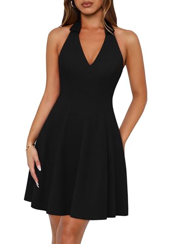Lazysmile Summer Dresses for Women Sleeveless Halter Lapel V Neck Backless A Line Formal Cocktail Party Short Dress Black
