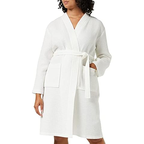 Iris & Lilly Women's Short Cotton Waffle Dressing Gown, White, 14 Cover