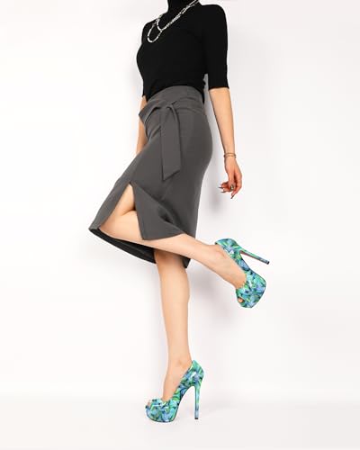 YODEKS Women's Peep Toe Platform Stiletto High Heel Pumps Thin Heel Dance Party Dress Shoes Patent Floral Green 9.5 M US Size4