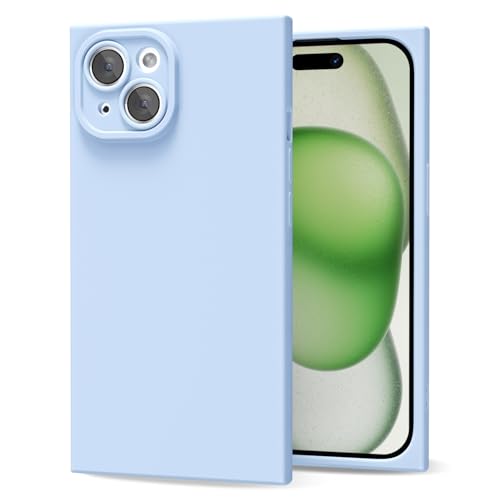 oakxco for iPhone 15 Phone Case Silicone Rectangle Edge Corner, Y2k Soft Rubber Gel Cute Phone Case for Women, Girly Aesthetic Trendy Unique Design with Camera Cover, Light Blue
