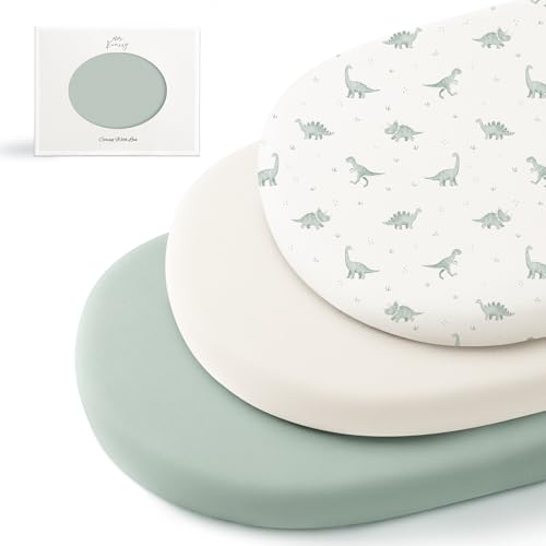 Image of Konssy 3 Pack Stretchy Bassinet Sheets for Baby Girl Boy, Soft Breathable Baby Bassinet Mattress Sheets Fit for Hourglass Oval Cradle, Moses Basket Rectangle Mattress (Green Dino)