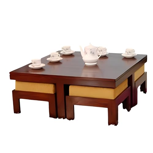 Image of Loonart Solid Sheesham Wood Coffee Table with Four Cushioned Stools | Idel for Living Room | Cafe | Restaurant | Space Saving Indoor Table Set | Finish Color - Natural Finish | Cream Cushion |