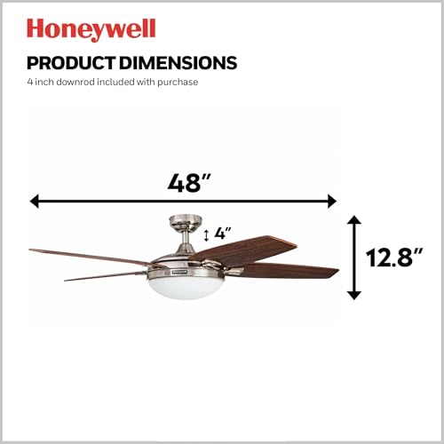 Honeywell Ceiling Fans Carmel, 48 Inch Contemporary Indoor LED Ceiling Fan with Light, Remote Control, Dual Mounting Options, Dual Finish Blades, Reversible Motor - 50196-01 (Brushed Nickel)