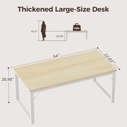 Image of Mericonia 54 Inch Computer Desk, 1 inch Thick Large Office Table, Oak | Modern Simple Style, Heavy Duty Industrial Frame, Large Study & Writing Table for Home Bedroom Work
