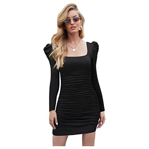 ForeFair Women’s Sexy Puff Sleeve Ruched Sheath Bodycon Dress Square Neck Club Party Mini Dresses - black - Medium Cover