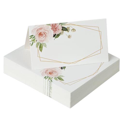 Uniclife 60 Pcs Paper Place Cards for Table Setting, 3.5' x 2' (Folded), Watercolor Rose Flower Seating Cards, Floral Table Tent Name Cards for Table Setting, Food Labels for Wedding Banquet Buffet