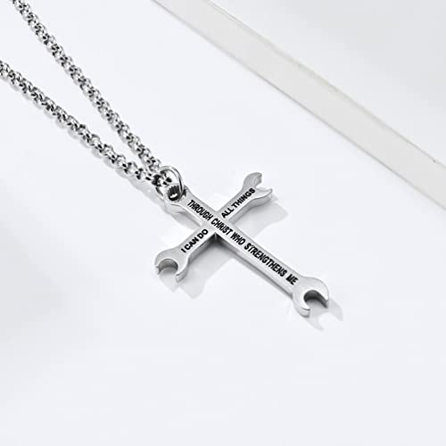 Men Wrench Cross Necklace,Stainless Steel Silver/Gold/Black I Can Do All Things Inspiring Bible Verse Pendant Necklace Christian Jewelry,60cm Rolo Chain3