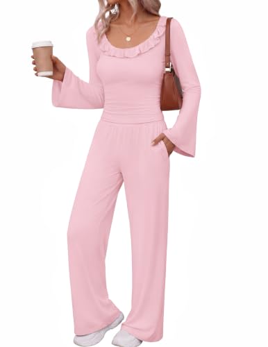 Ekouaer Women s 2 Piece Lounge Sets Bell Long Sleeve Pajamas Outfits Pink - image 1