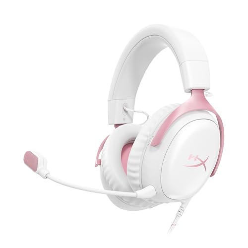 HyperX Cloud III, Casque Gaming Filaire, PC/PS5/Xbox Series X|S, DTS Headphone:X, Haut parleurs inclinés 53 mm, Micro 10 mm antibruit, USB-C/USB-A/3,5 mm, Blanc et Rose