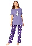 Dreams & Co. Plus Size Graphic Tee PJ Set - L, Plum Burst Penguins