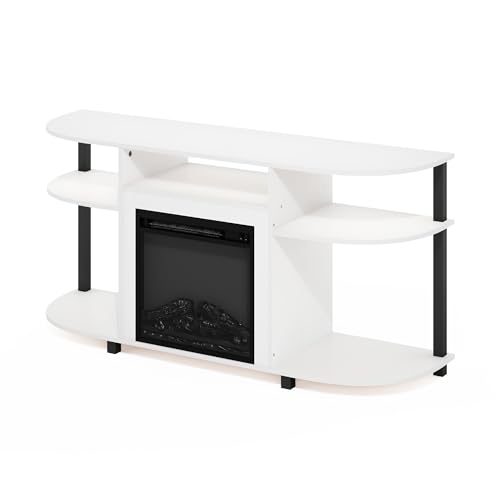 Image of Furinno Jensen Fireplace TV Stand, Curved Entertainment Center, TV Console for TV up to 55 Inch with Fireplace and Open Storage, for Living Room, Bedroom, Solid White