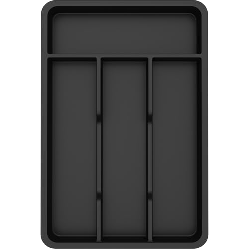 Lifewit Silverware Drawer Organizer Tray Plastic Cutlery Storage for Kitchen Flatware and Utensil Holder Divider for Spoons Forks Knives Tableware 7.8 x 12.4 4 Slots Black