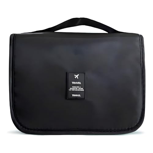 Nécessaire Organizadora de Viagem com Gancho – Bolsa Dobrável Impermeável com Divisórias para Higiene Pessoal, Maquiagem, Cosméticos – Unissex Compacta (PRETA)