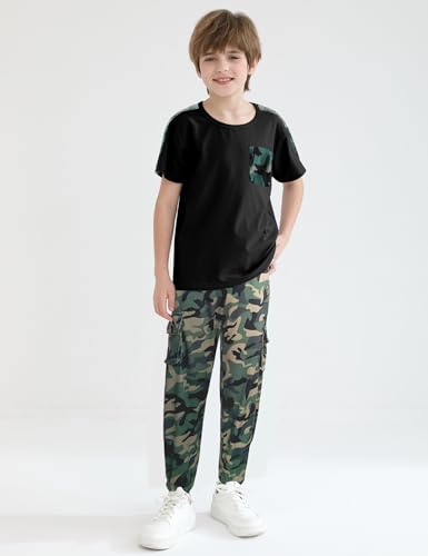 Image of mksodopy Boys Clothes Outfits Set, Camo Cargo Pants and Short Sleeve Pocket Tee 2PC Summer Tracksuit for Kids 5-16Y