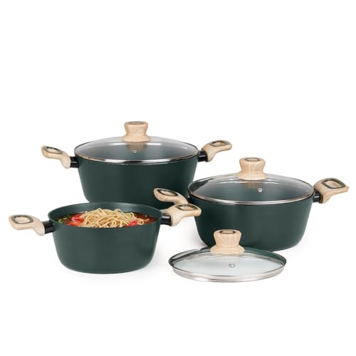 Image of Kreme Venetia Premium Series 6-Piece Granite Casseroles Cookware Set with Lid | Non-Stick Aluminium Cooking Pot | Granite Coating | Induction & Gas Stove Compatible | Healthy Low-Oil Cooking, Green
