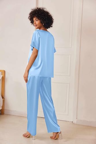 Image of Ekouaer Mens Satin Pajamas Set Button-Down Short /Long Sleeve Shirt Top Soft Silk Sleepwear Loose Pocket Pant Loungewear
