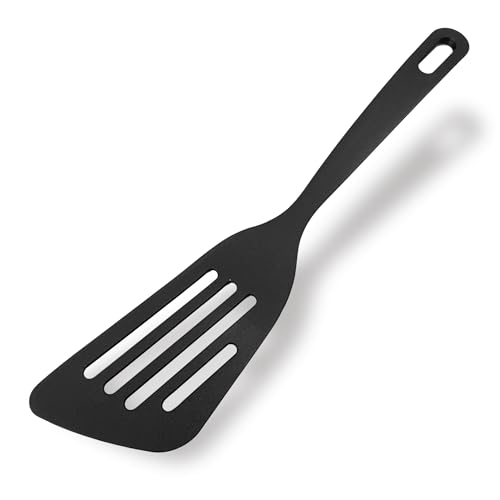 Fackelmann Paletta lunga forata da cucina in Nylon, materiale antiaderente, resistente al calore fino a 200°, lavabile in lavastoviglie, colore nero opaco, Dimensioni 31 x 7,3 cm