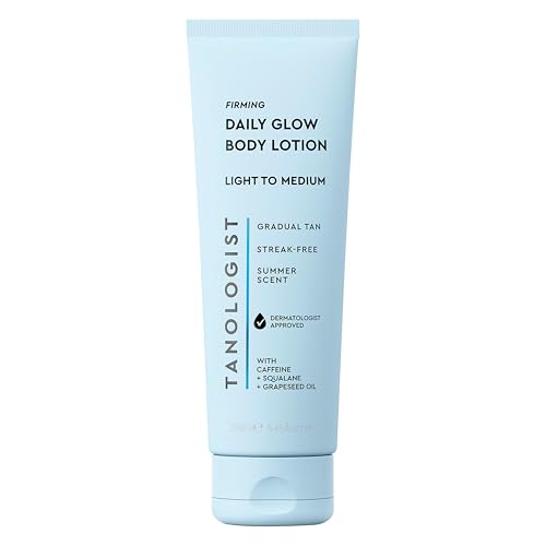 Tanologist Firming Daily Glow Body Lotion- Light/Medium, Fast-Developing, Transfer-Proof Gradual Self Tanner, Summer Scent, Natural Not Orange, Lasts 7 Days, Vegan Formula, 8.45 fl oz
