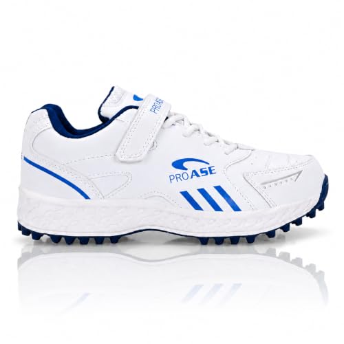 Image of Pro ASE Lightweight Cricket Shoes - Durable & Comfortable | Ideal for Turf, Ground & Hard Surfaces | Allrounder Design with Studs, Velcro & Superior Grip | White, Blue, Grey