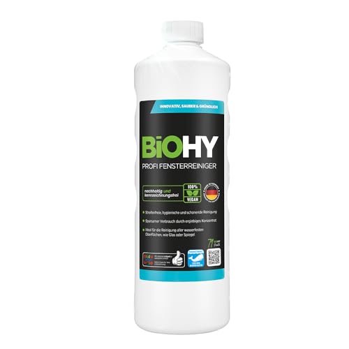 BiOHY Profi Fensterreiniger (1l Flasche) | Glasreiniger Konzentrat | für Fenstersauger geeignet | streifenfreie Reinigung von Glas- Fenster- & Spiegelflächen | ideal für Haushalt & Auto