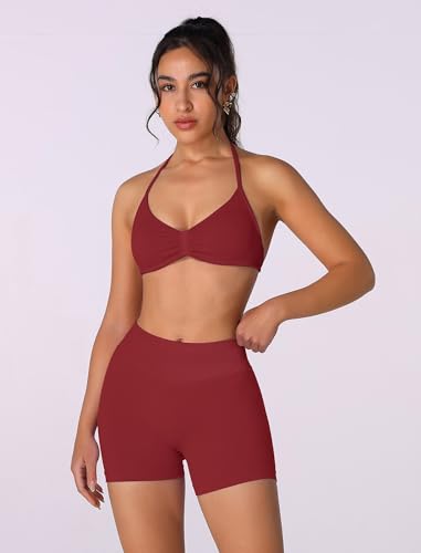 Image of ABOCIW Womens Seamless Workout Sets 2 Piece Strappy Halter Sports Bra Scrunch Butt Shorts Gym Yoga Outfits