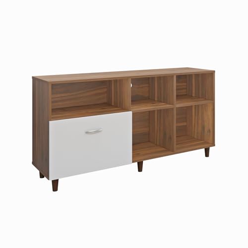 Image of VIKI Modern TV Unit for Living Room | Engineered Wood TV Cabinet with 1 Drawer Storage & 3 Open Shelves,Entertainment Unit, 140W x 74H x 40D cm | DIY | 1 Year Warranty (Walnut & White)