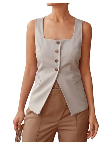SHENHE Women's Suit Vest Square Neck Sleeveless Button Slit Blazer Work Tops Office
