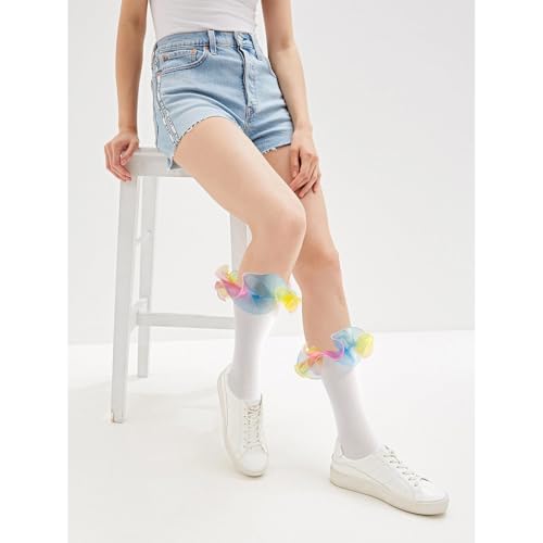 Image of Women Big Ruffle Ankle Socks Adult Double Lace Frilly Turn Cuff Dress Socks Cotton Cute Fancy Bobby Crew Socks