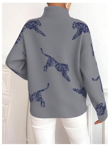 Image of WDIRARA Women's Leopard Tiger Print Sweater High Neck Long Sleeve Fuzzy Knitted Pullover Top