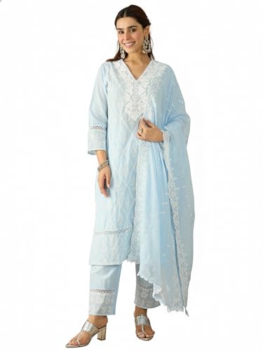 Image of INDO ERA Women's White Viscose Rayon Straight Embroidered Kurta