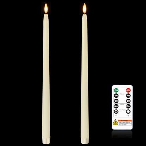Image of Homemory 15 inches Real Wax Flameless Taper Candles with Remote Timer, 2 Pcs Ivory LED Taper Candles Battery Operated with 3D Flickering Flame, Window Candle Led Candlesticks for Dinners Home Decor