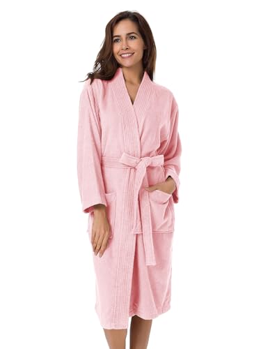 SIORO Blush Terry Cloth Robes for Women, Absorbent Cotton Long Kimono Bathrobe with Pockets, Soft Long Sleeve Nightgown for After Shower Spa Pool Hotel, Gift for Mom Wife Friend, M