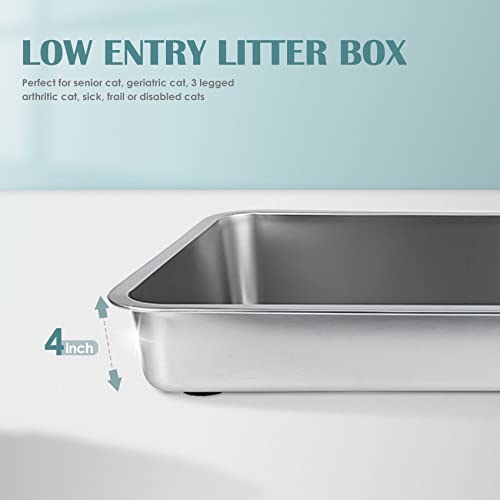 Ikitchen Stainless Steel Cat Litter Box, Small Low Entry Open Metal Litter Pan For Kittens Newborn Cats Rabbits, Never Absorbs Odors 15.7" L X 11.7" W X 4" H #TOP7