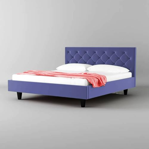 Image of Wooden Modern Upholstered Queen Size Bed for Bedroom | Wooden Double Bed Without Storage | Platform Cot Upholstered Bed with Upholstery Fabric | 6.5 x 6 Ft | Purple