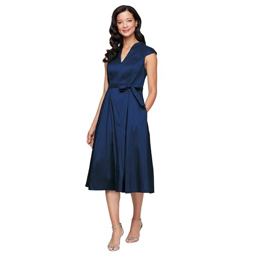 Image of Alex Evenings Women's Stretch Taffeta Wedding Guest Dress with Full Skirt, Pockets, and Tie Belt (Petite and Regular Sizes)