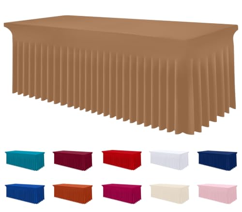 Image of Smiry Spandex Elastic Fitted Table Cloth Skirt for 8FT Rectangle Table | Stretch Washable Table Cloth, Banquet Table Cover for Wedding, Party, Indoor & Trade Shows, (Khaki, 96Lx30Wx30H)