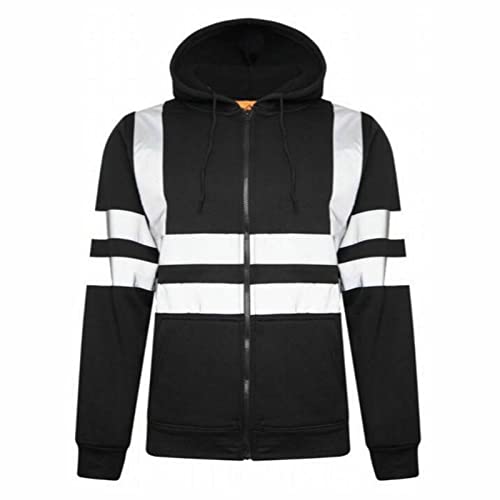 H&F Men’s Hi Vis Hoodie with Reflective Tape Long Sleeve Full Zip & Pullover Fleece Hooded Safety Security Wear Warm Work Wear Size S-5XL (Black, 2XL)